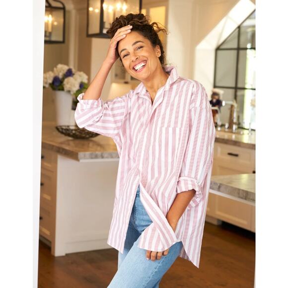 Frank & Eileen Shirley Oversized Button-Up Multi Red Stripe Long Sleeve Shirt XS - Picture 1 of 13